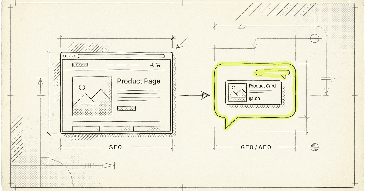 A line-art browser window showing a product page on the left labelled SEO in small mono caps below the window, then a…