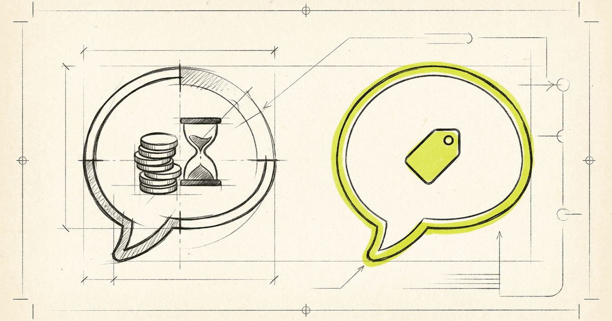 A half-built chat bubble next to a stack of coins and an hourglass on the left, beside a finished chat bubble with a…