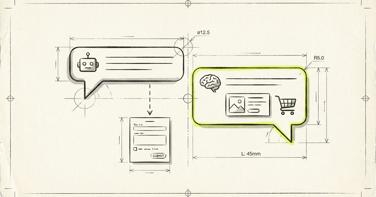A line-art chat bubble with a tiny robot icon on the left, a hairline arrow from the bubble pointing down to a small…