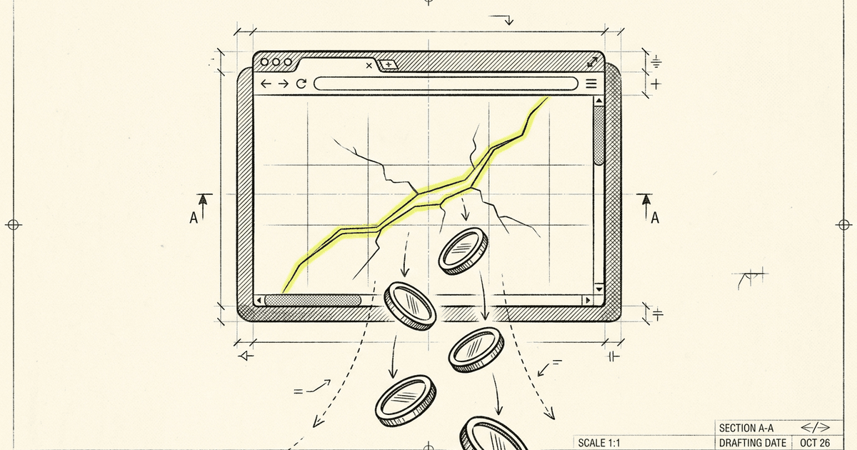A line-art browser window with a single hairline crack across its main viewport, six round coin shapes visibly falling…