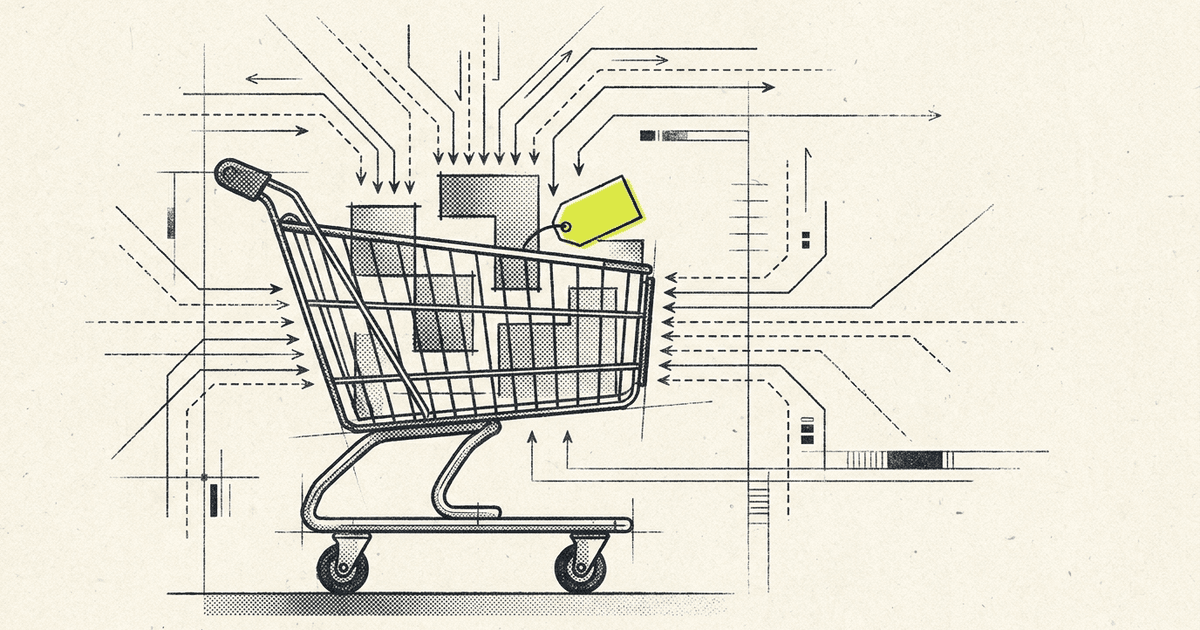 A line-art shopping cart against architectural blueprint hairlines, with a single serum-yellow tag highlighting an item being added autonomously